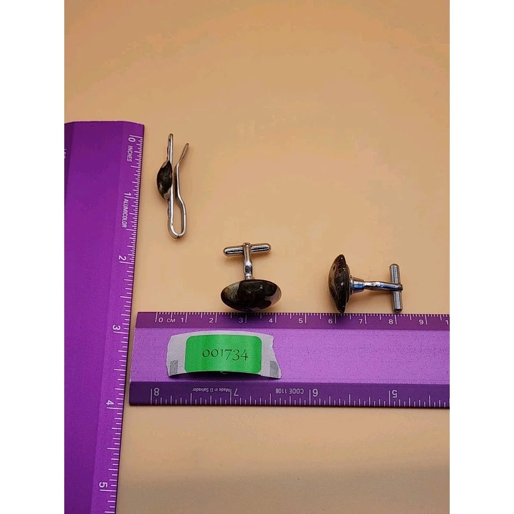 Vtg AGATE W/ FOSSILS Cabochon Men's Tie‎ Bar Clip & Cufflinks Set FREE $HIPPING!